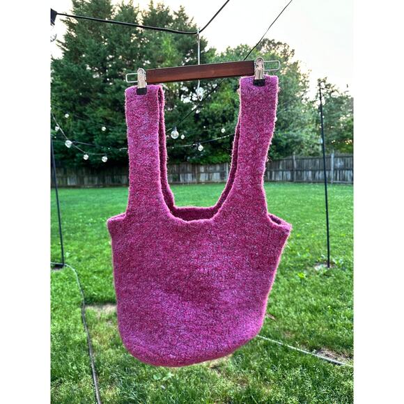Handmade Felted Wool Knit Bucket Bag Pink Floral Embroidered Boho Purse Tote - Picture 7 of 9
